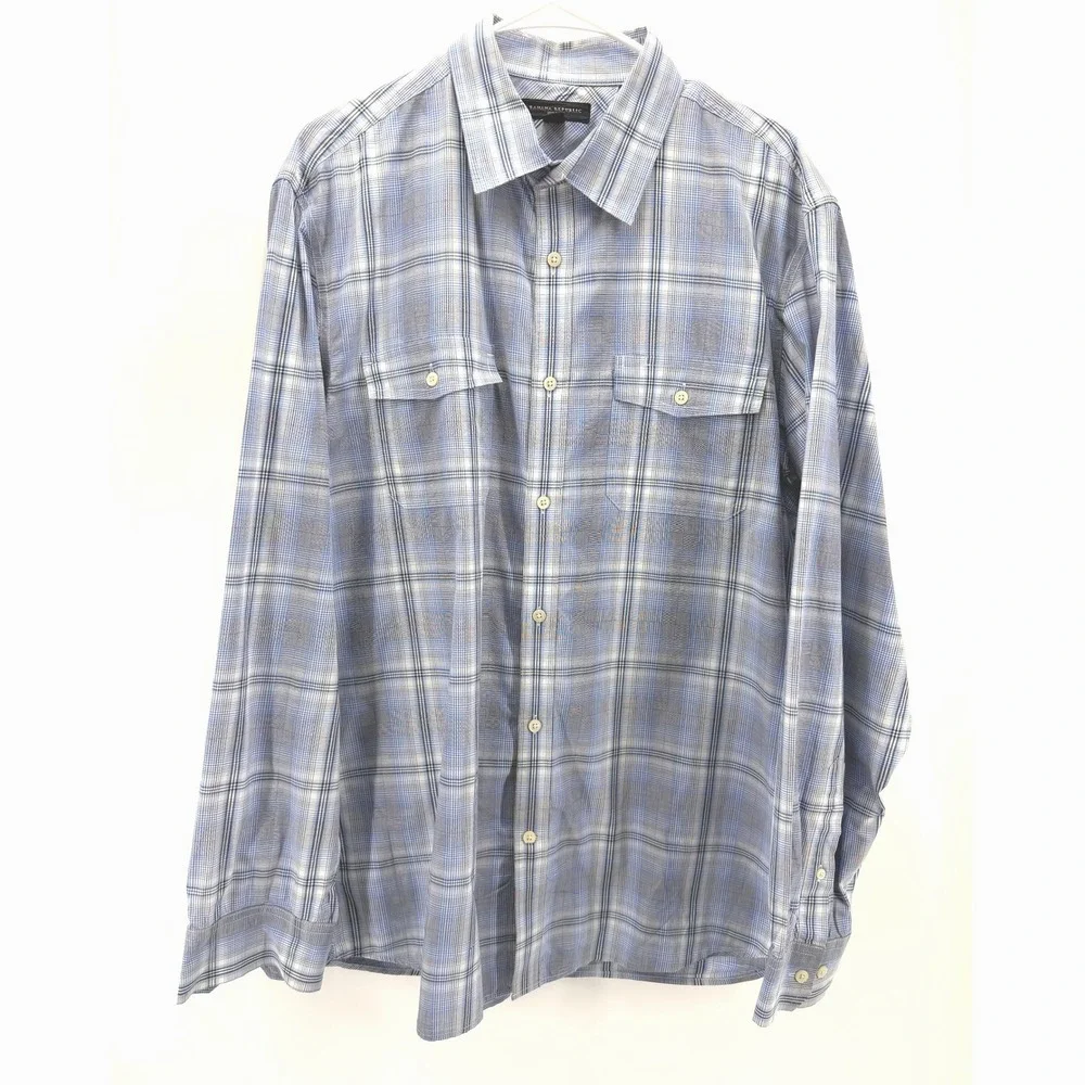 Banana Republic Slim Fit Blue Plaid Shirt Men XL Cotton Button Preppy Casual EUC
